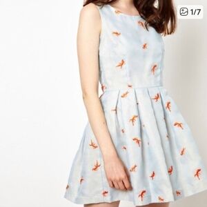 Nishe Blue & Orange Embroidered Goldfish Sleeveless Fit & Flare Mini Dress